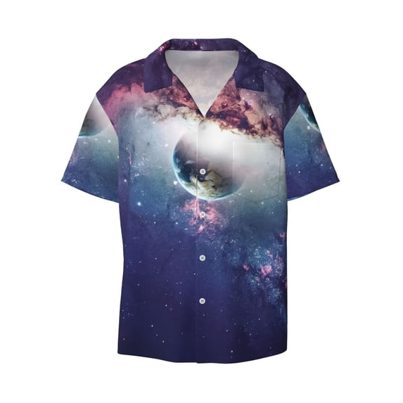 Honeii 's Planets Stars And Galaxies for men's short-sleeved button-up collared shirt featuring a pocket, perfect for beach vacations, and travel adventures.