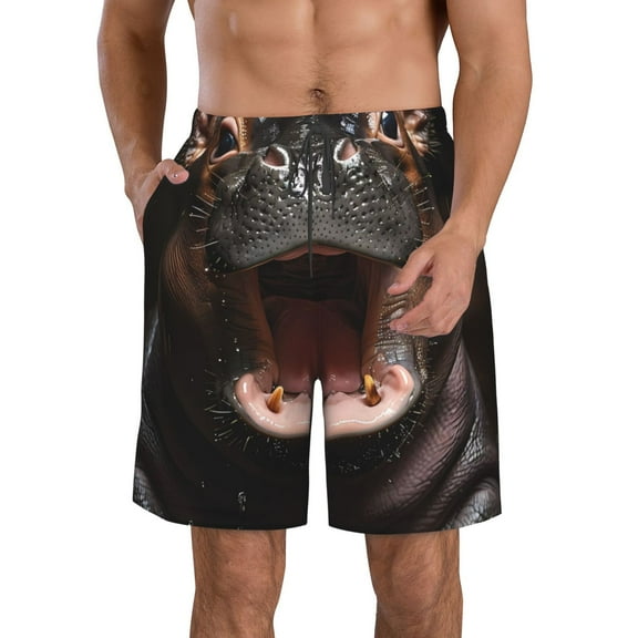 Honeii's Playful Baby Hippo Splash Print Men's Casual Shorts with Drawstring,Swim Trunks Quick Dry Beach Shorts