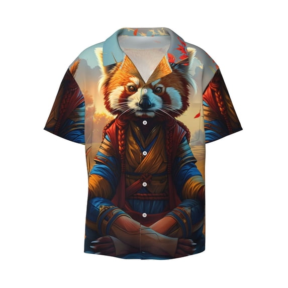 Honeii 's Prairie Meditating Raccoon for men's short-sleeved button-up collared shirt featuring a pocket, perfect for beach vacations, and travel adventures.