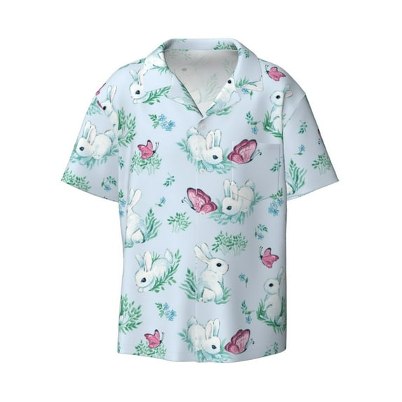 Honeii 's Rabbit And Butterfly for men's short-sleeved button-up collared shirt featuring a pocket, perfect for beach vacations, and travel adventures.