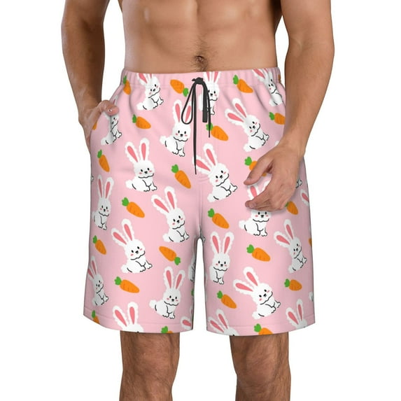 Honeii's Rabbit And Carrot Print Men's Casual Shorts with Drawstring,Swim Trunks Quick Dry Beach Shorts