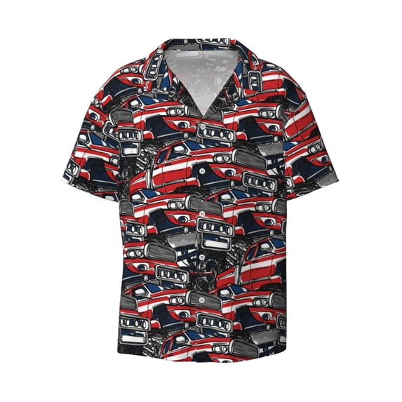 Honeii 's Red And Blue Cars for men's short-sleeved button-up collared shirt featuring a pocket, perfect for beach vacations, and travel adventures.