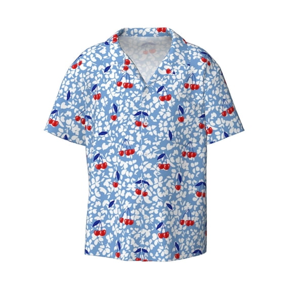 Honeii 's Red Cherries for men's short-sleeved button-up collared shirt featuring a pocket, perfect for beach vacations, and travel adventures.