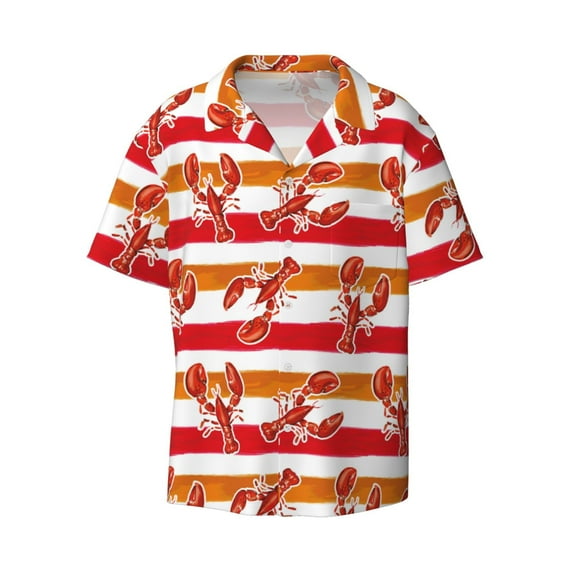 Honeii 's Red Lobster for men's short-sleeved button-up collared shirt featuring a pocket, perfect for beach vacations, and travel adventures.