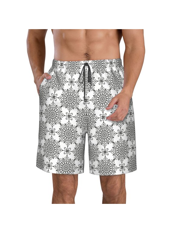 's Retro sketch flower lines Print Men's Casual Shorts with Drawstring,Swim Trunks Quick Dry Beach Shorts