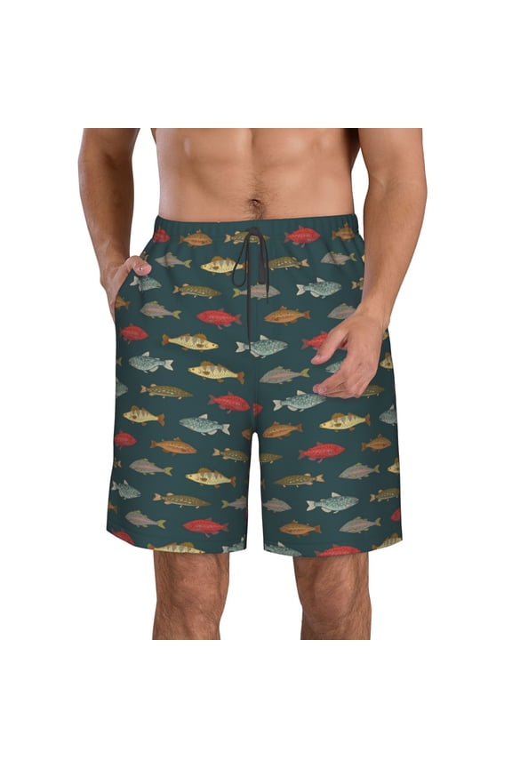 's River Freshwater Fish Print Men's Casual Shorts with Drawstring,Swim Trunks Quick Dry Beach Shorts