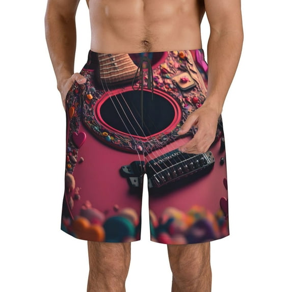 Honeii's Romantic Heart Guitar Print Men's Casual Shorts with Drawstring,Swim Trunks Quick Dry Beach Shorts