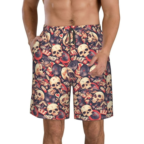 Honeii's Skull rock record artist Print Men's Casual Shorts with Drawstring,Swim Trunks Quick Dry Beach Shorts