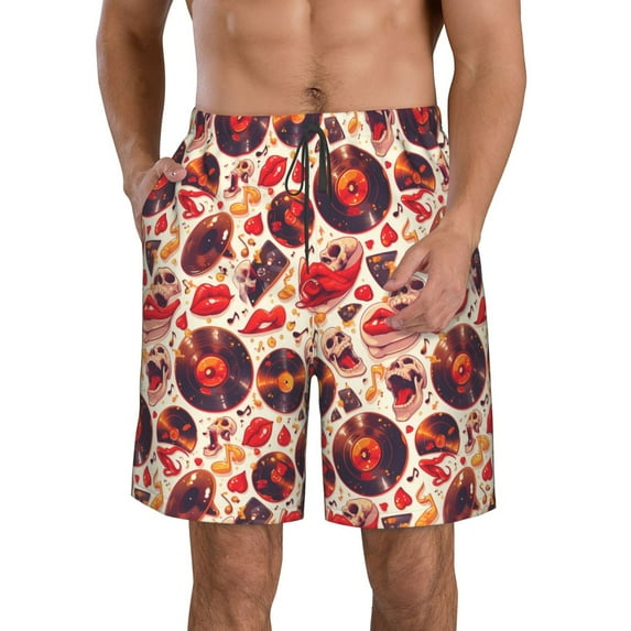Honeii's Skull rock record music heart Print Men's Casual Shorts with Drawstring,Swim Trunks Quick Dry Beach Shorts
