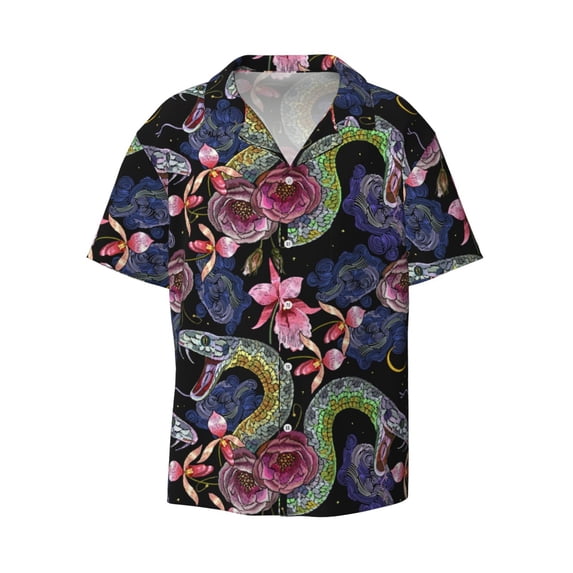 Honeii 's Snake And Flower for men's short-sleeved button-up collared shirt featuring a pocket, perfect for beach vacations, and travel adventures.