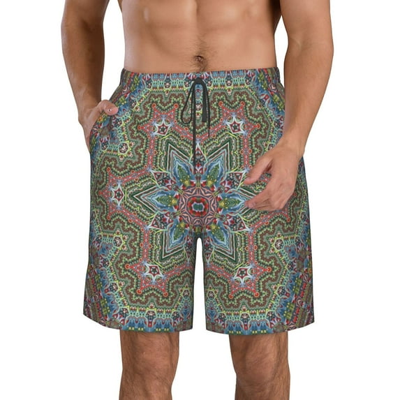 Honeii's Snowflake Colorful Print Men's Casual Shorts with Drawstring，Swim Trunks Quick Dry Beach Shorts