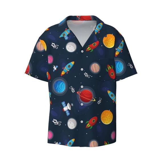 Honeii 's Space Cartoon for men's short-sleeved button-up collared shirt featuring a pocket, perfect for beach vacations, and travel adventures.