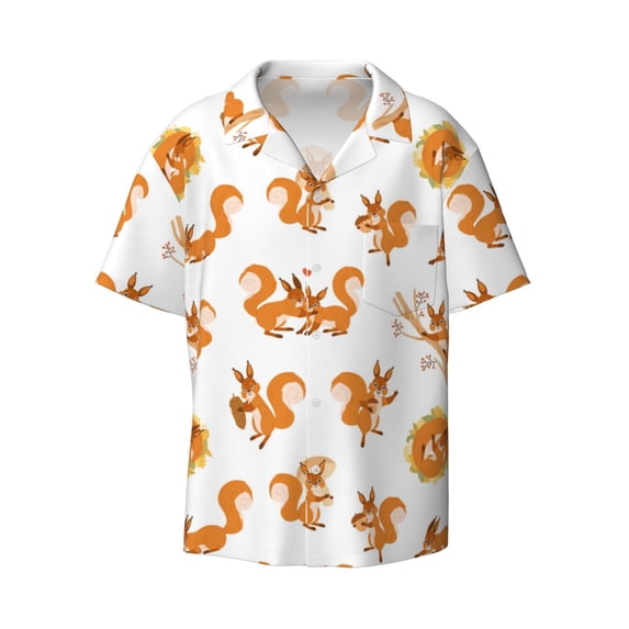 Honeii 's Squirrel Playing for men's short-sleeved button-up collared shirt featuring a pocket, perfect for beach vacations, and travel adventures.