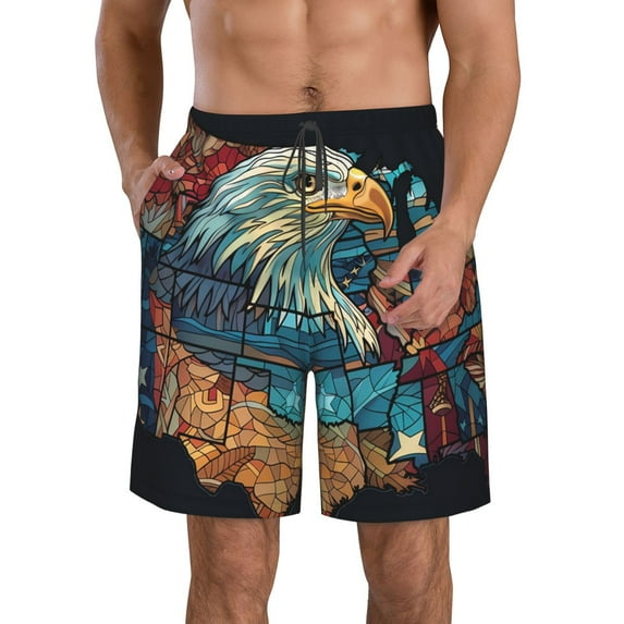 Honeii's Stained Glass Eagle USA Print Men's Casual Shorts with Drawstring,Swim Trunks Quick Dry Beach Shorts