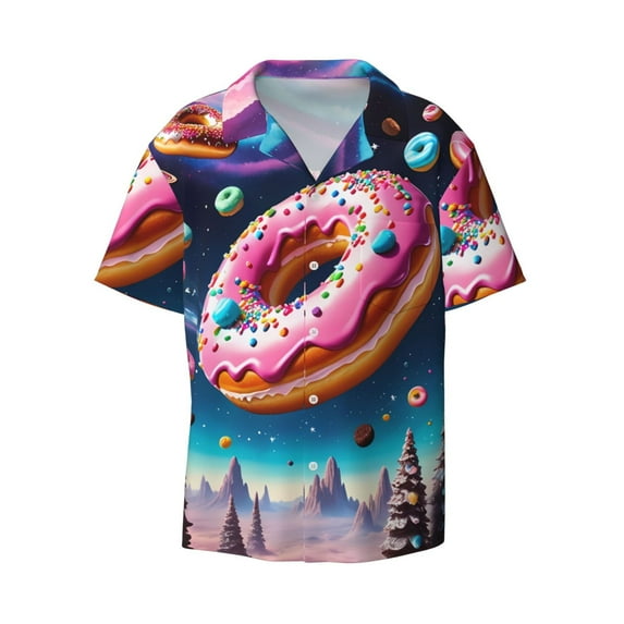 Honeii 's Starry Sky Pine Tree Donut for men's short-sleeved button-up collared shirt featuring a pocket, perfect for beach vacations, and travel adventures.