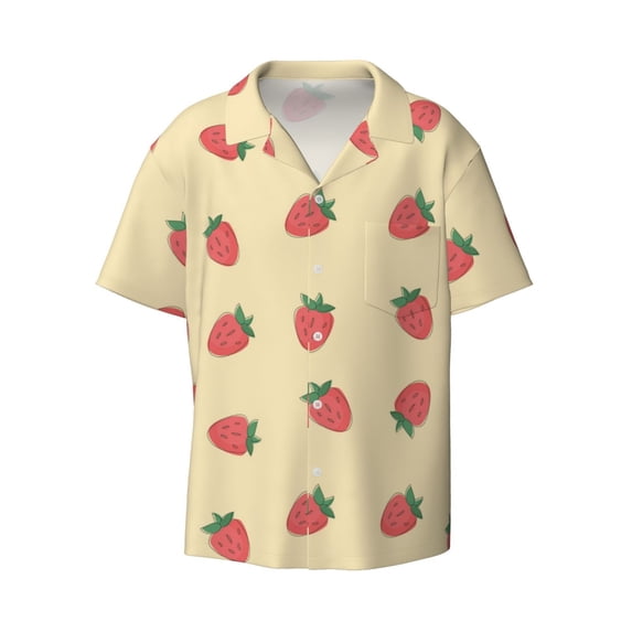 Honeii 's Strawberries for men's short-sleeved button-up collared shirt featuring a pocket, perfect for beach vacations, and travel adventures.