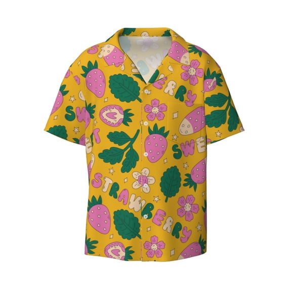 Honeii 's Strawberry for men's short-sleeved button-up collared shirt featuring a pocket, perfect for beach vacations, and travel adventures.