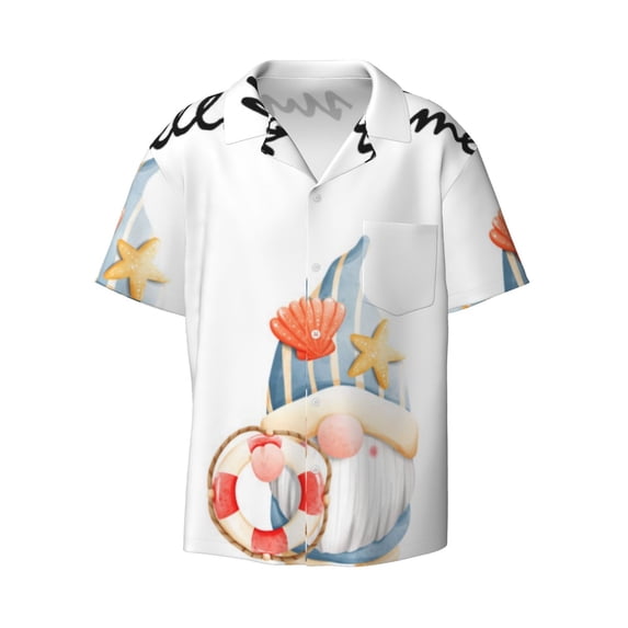 Honeii 's Summer Gnome for men's short-sleeved button-up collared shirt featuring a pocket, perfect for beach vacations, and travel adventures.