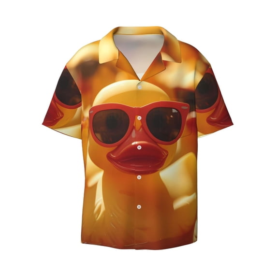 Honeii 's Sunglasses Yellow Duck for men's short-sleeved button-up collared shirt featuring a pocket, perfect for beach vacations, and travel adventures.