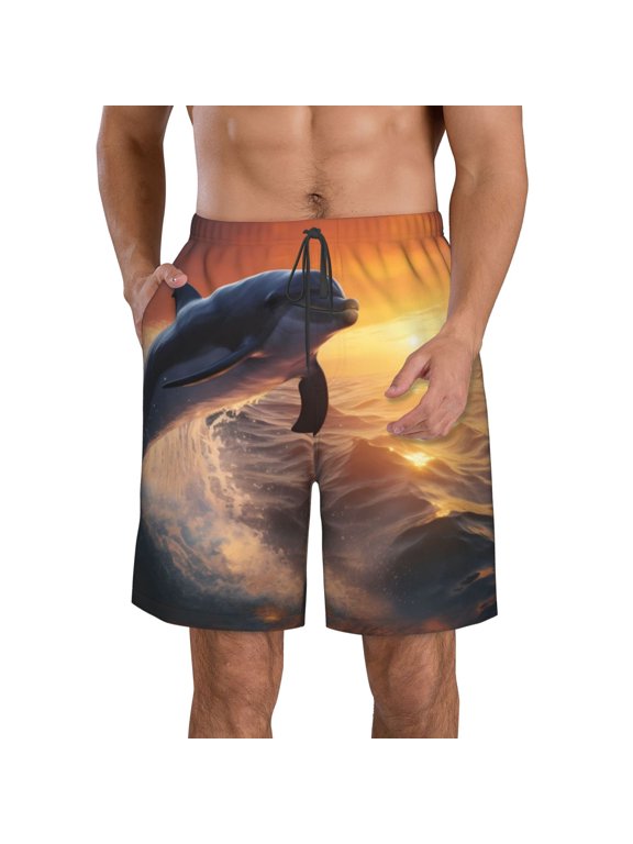 's Sunset Dancing Dolphin Print Men's Casual Shorts with Drawstring,Swim Trunks Quick Dry Beach Shorts