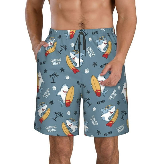 Honeii's Surf Shark Print Men's Casual Shorts with Drawstring,Swim Trunks Quick Dry Beach Shorts