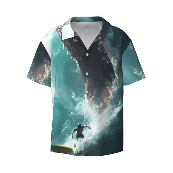 Honeii 's Surfing Shark for men's short-sleeved button-up collared shirt featuring a pocket, perfect for beach vacations, and travel adventures.
