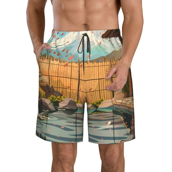 Honeii's Tranquil Garden Landscape Print Men's Casual Shorts with Drawstring，Swim Trunks Quick Dry Beach Shorts