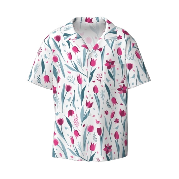Honeii 's Tulips Flowers for men's short-sleeved button-up collared shirt featuring a pocket, perfect for beach vacations, and travel adventures.
