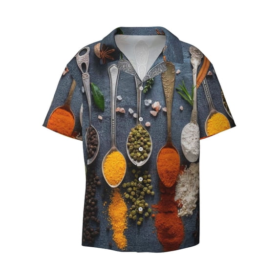 Honeii 's Various Herbs And Spices In Spoons for men's short-sleeved button-up collared shirt featuring a pocket, perfect for beach vacations, and travel adventures.
