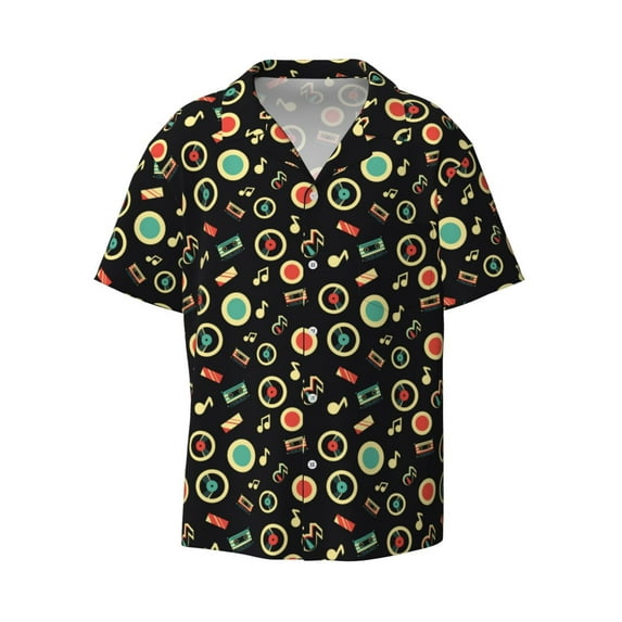 Honeii 's Vector Retro Music for men's short-sleeved button-up collared shirt featuring a pocket, perfect for beach vacations, and travel adventures.
