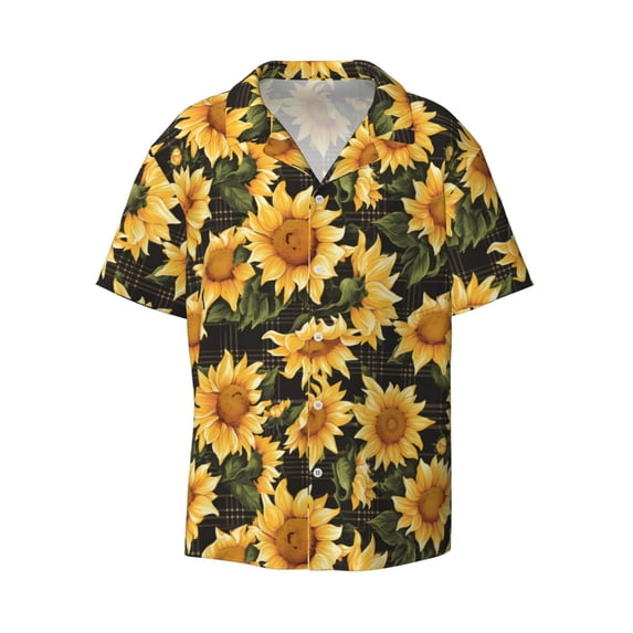 Honeii 's Vintage Black Plaid Sunflower for men's short-sleeved button-up collared shirt featuring a pocket, perfect for beach vacations, and travel adventures.