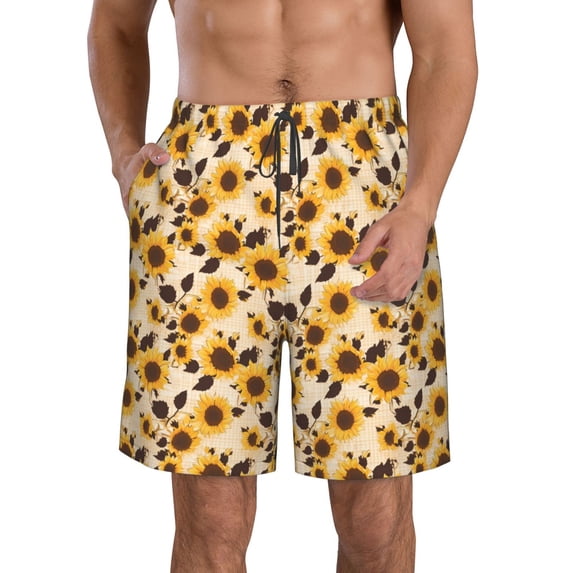 Honeii's Vintage Plaid Cute Sunflower Print Men's Casual Shorts with Drawstring,Swim Trunks Quick Dry Beach Shorts