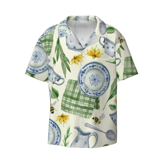 Honeii 's Vintage Utensils for men's short-sleeved button-up collared shirt featuring a pocket, perfect for beach vacations, and travel adventures.
