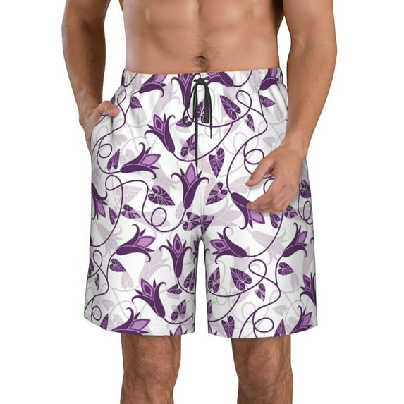 Honeii's Violets Flowers Print Men's Casual Shorts with Drawstring,Swim Trunks Quick Dry Beach Shorts