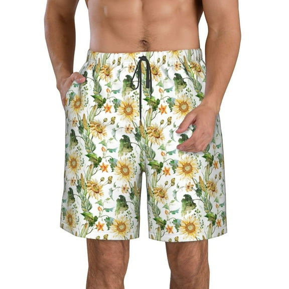Honeii's Watercolor Bright Sunflowers Print Men's Casual Shorts with Drawstring，Swim Trunks Quick Dry Beach Shorts