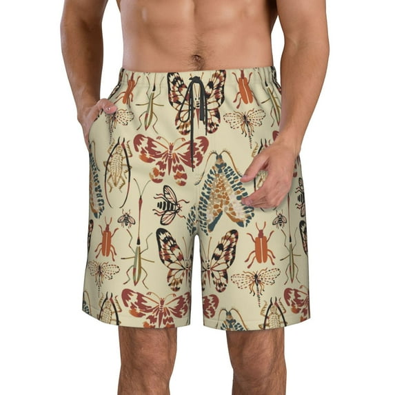 Honeii's Watercolor Insects Print Men's Casual Shorts with Drawstring,Swim Trunks Quick Dry Beach Shorts