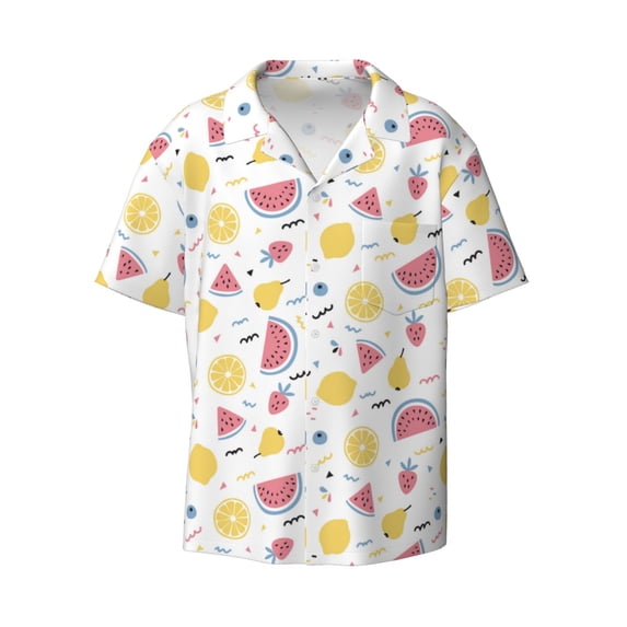 Honeii 's Watermelon And Lemon for men's short-sleeved button-up collared shirt featuring a pocket, perfect for beach vacations, and travel adventures.