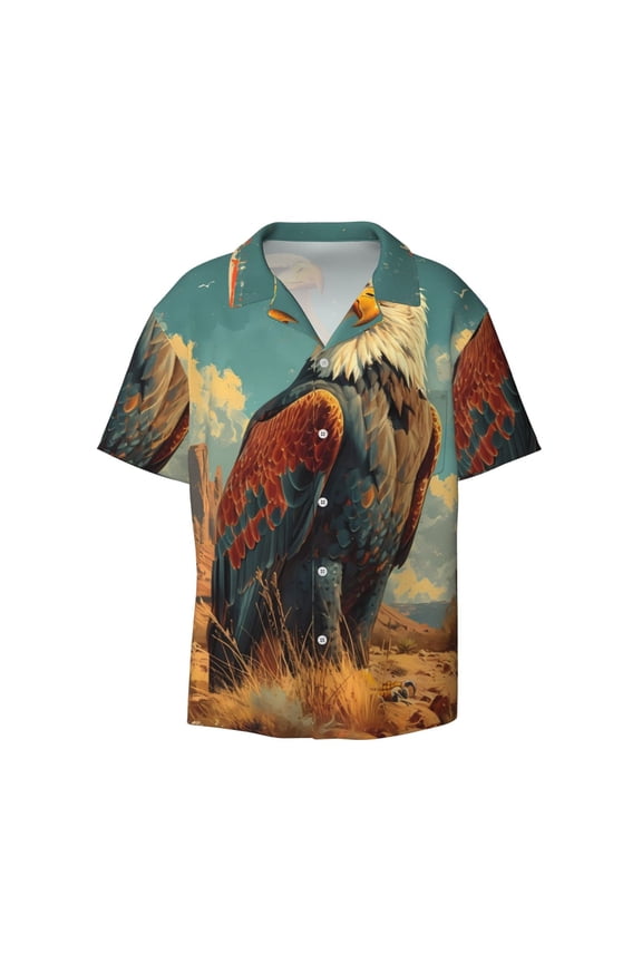 's Western Desert Cactus Bald Eagle for men's short-sleeved button-up collared shirt featuring a pocket, perfect for beach vacations, and travel adventures.