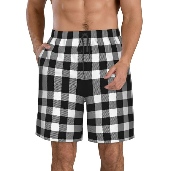 Honeii's White And Black Plaid Print Men's Casual Shorts with Drawstring，Swim Trunks Quick Dry Beach Shorts