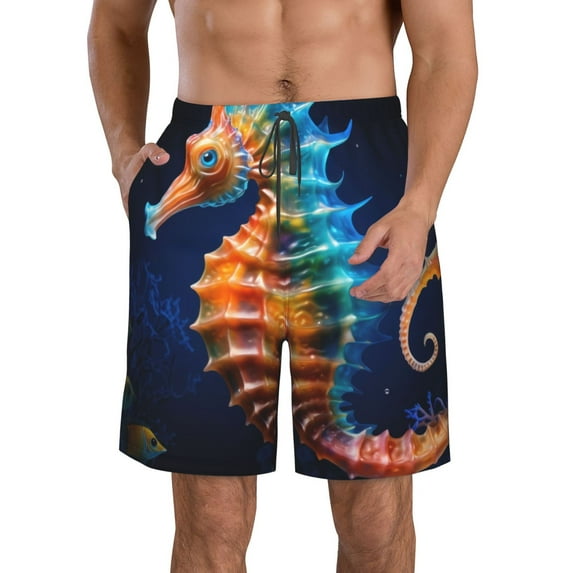 Honeii's Yellow Fish Seahorse Print Men's Casual Shorts with Drawstring,Swim Trunks Quick Dry Beach Shorts