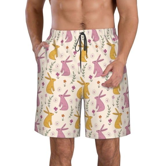 Honeii's Yellow Pueple Rabbit Print Men's Casual Shorts with Drawstring,Swim Trunks Quick Dry Beach Shorts