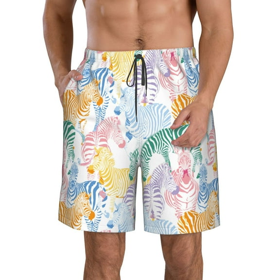 Honeii's Zebra Colourful Print Men's Casual Shorts with Drawstring，Swim Trunks Quick Dry Beach Shorts