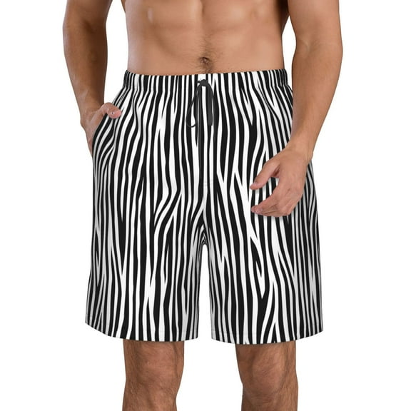 Honeii's Zebra Skin Print Men's Casual Shorts with Drawstring，Swim Trunks Quick Dry Beach Shorts