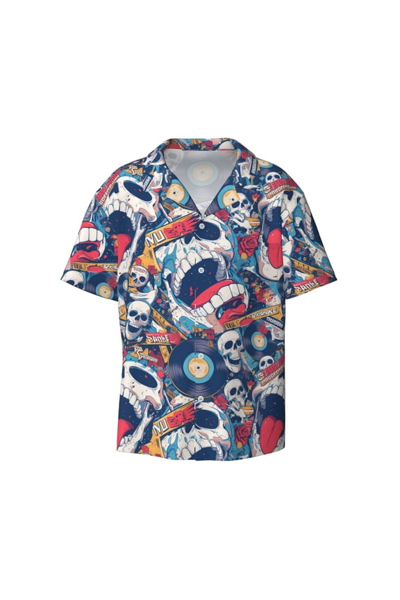 's cool rock Skull for men's short-sleeved button-up collared shirt featuring a pocket, perfect for beach vacations, and travel adventures.