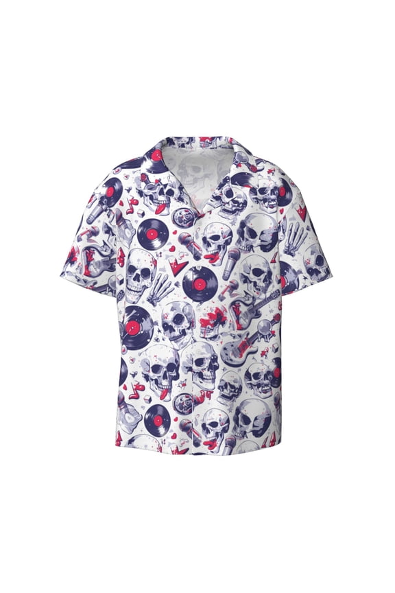 's music Skull record mike for men's short-sleeved button-up collared shirt featuring a pocket, perfect for beach vacations, and travel adventures.