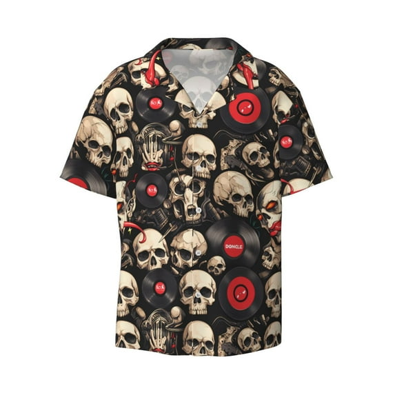 Honeii 's rock record Skull for men's short-sleeved button-up collared shirt featuring a pocket, perfect for beach vacations, and travel adventures.