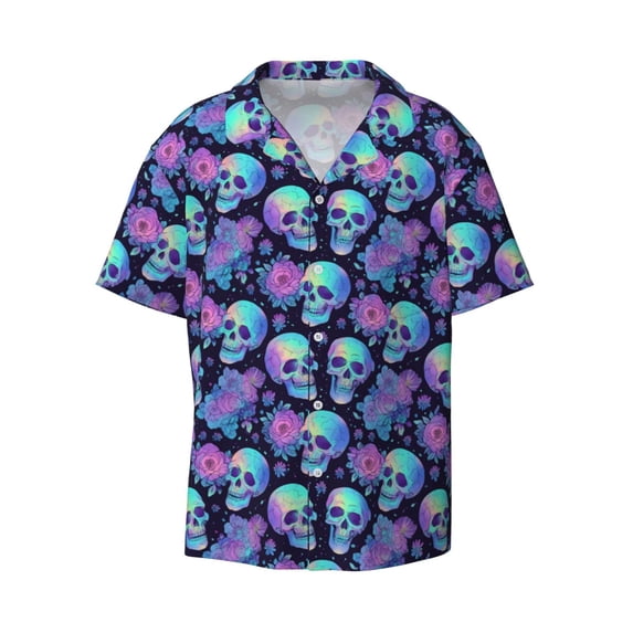 Honeii 's starry sky Skull flower for men's short-sleeved button-up collared shirt featuring a pocket, perfect for beach vacations, and travel adventures.
