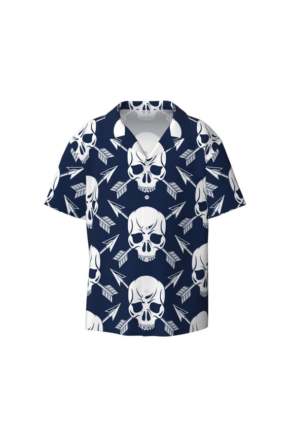 's white arrow Skull for men's short-sleeved button-up collared shirt featuring a pocket, perfect for beach vacations, and travel adventures.