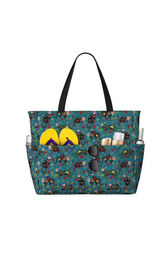 skull black cats in mexican for Tote Bag with Adjustable Strap,Beach Bag, Waterproof Sandproof Beach Tote Bag, Large Capacity Foldable Beach Bags