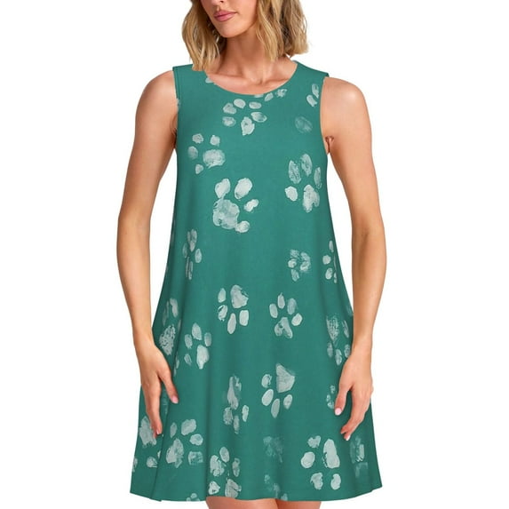 Honeii teal green paw Print Women's Sleeveless Dress, Loose Fit Casual Dress for Women, Summer Fashion Dress